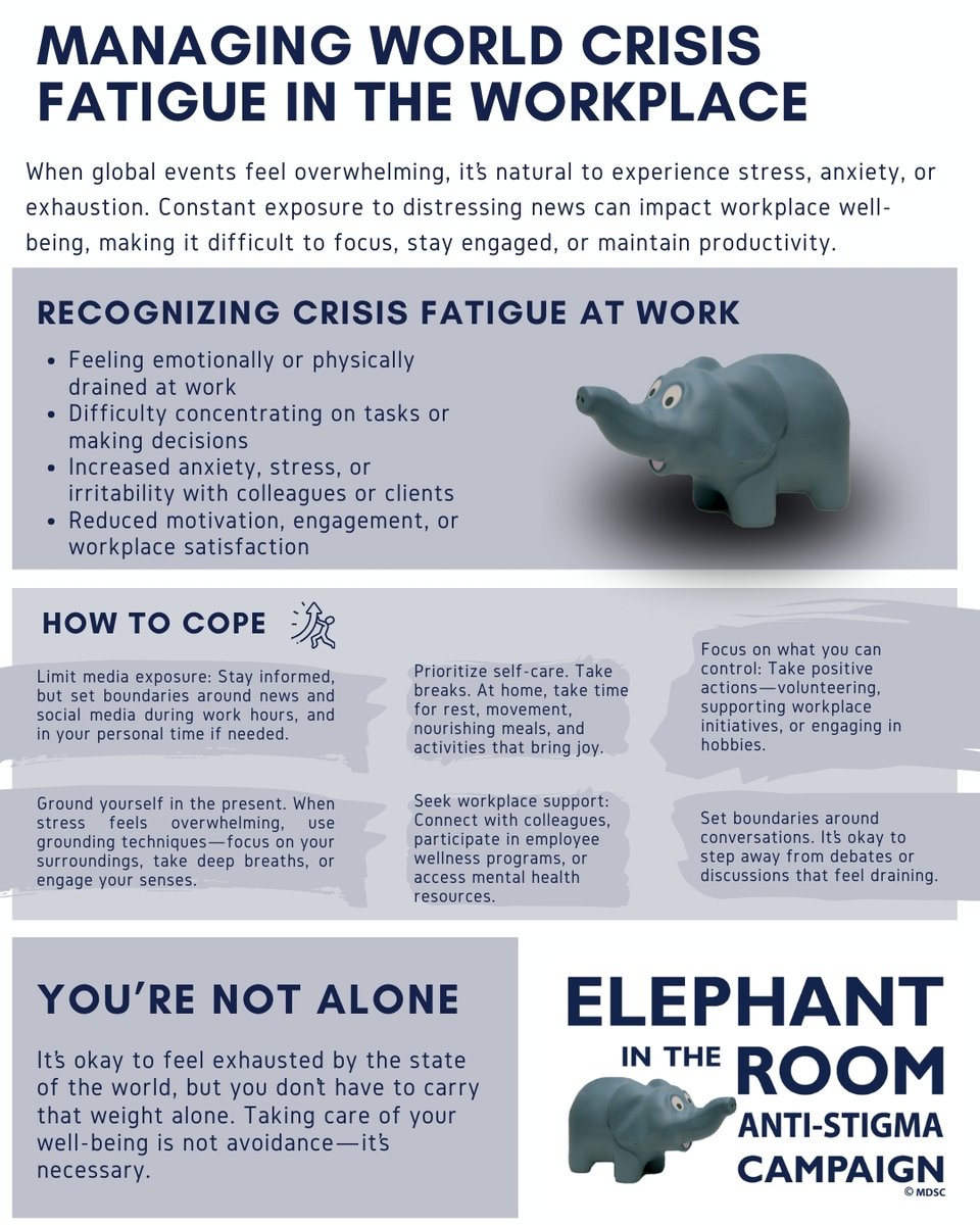 Feeling overwhelmed by world events? Crisis fatigue can affect your focus, engagement, and well-being at work. You're not alone. Here are ways to cope and take care of yourself. #MentalHealth #WorkplaceWellness #ElephantInTheRoom