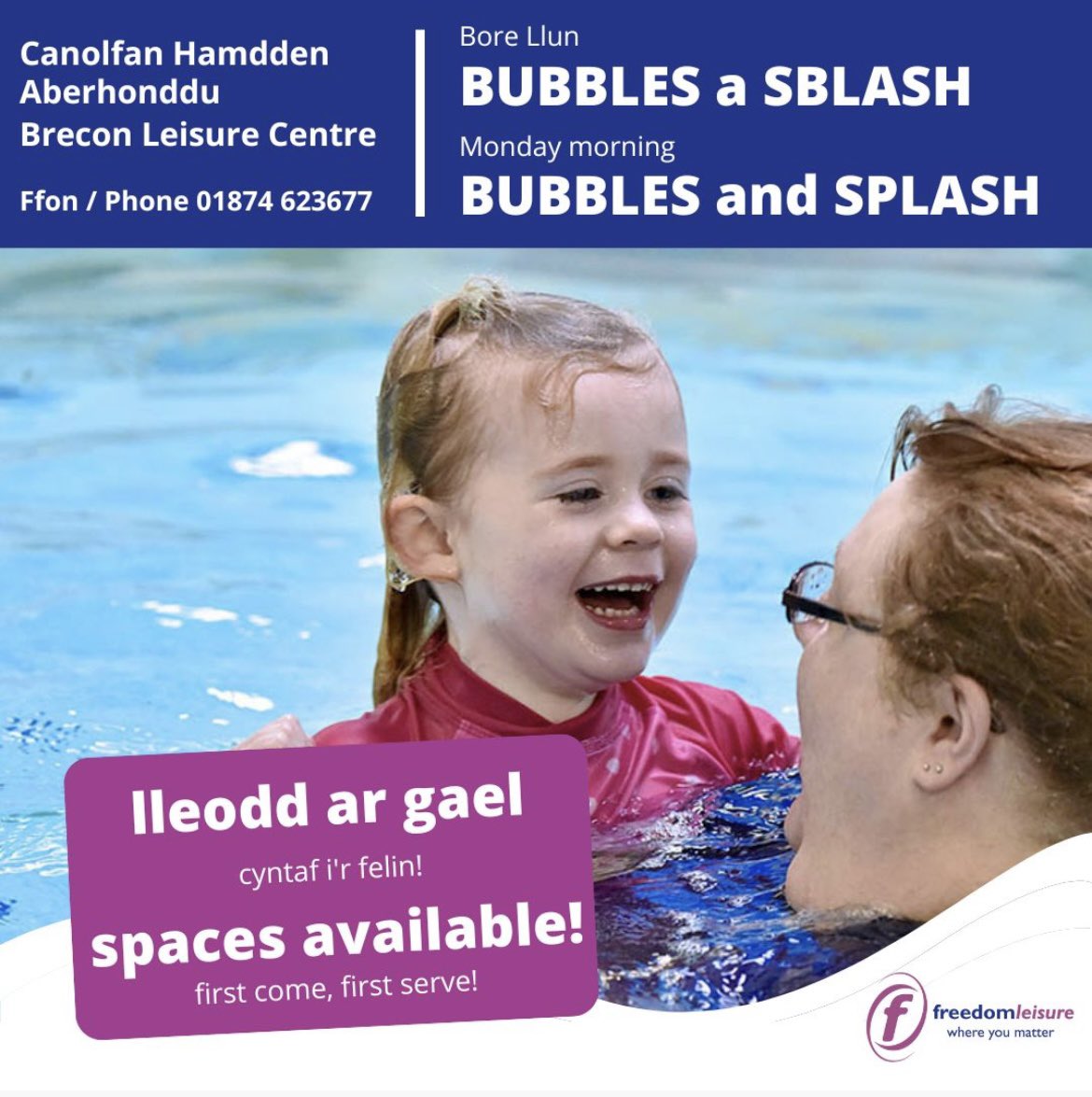 Rydym wedi ychwanegu dosbarthiadau Swigod a Sblash yn ystod y dydd i'r Ysgol Nofio. 

Cysylltwch â ni i archebu eich lle heddiw.

📞 01874 623677 💦 💦 

We have added daytime Bubble and Splash classes to Swim School. 

Contact us to book your place today.