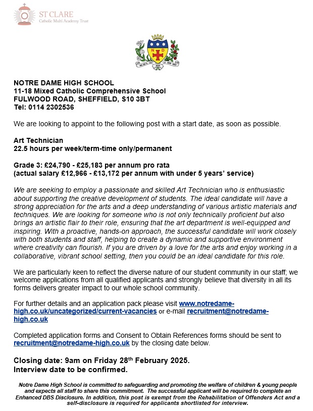 We currently have an exciting #jobopportunity for a passionate, enthusiastic and skilled Art Technician to join our school. For further information and to apply please visit notredame-high.co.uk Closing date 9am on Friday 28th February