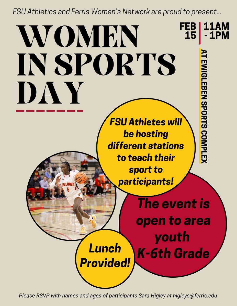 WOMEN IN SPORTS DAY! Get your K-6 child signed up today for Saturday's Women In Sports Day event, which runs 11 am to 1 pm at the sports complex. Email higleys@ferris.edu to RSVP or find out more!