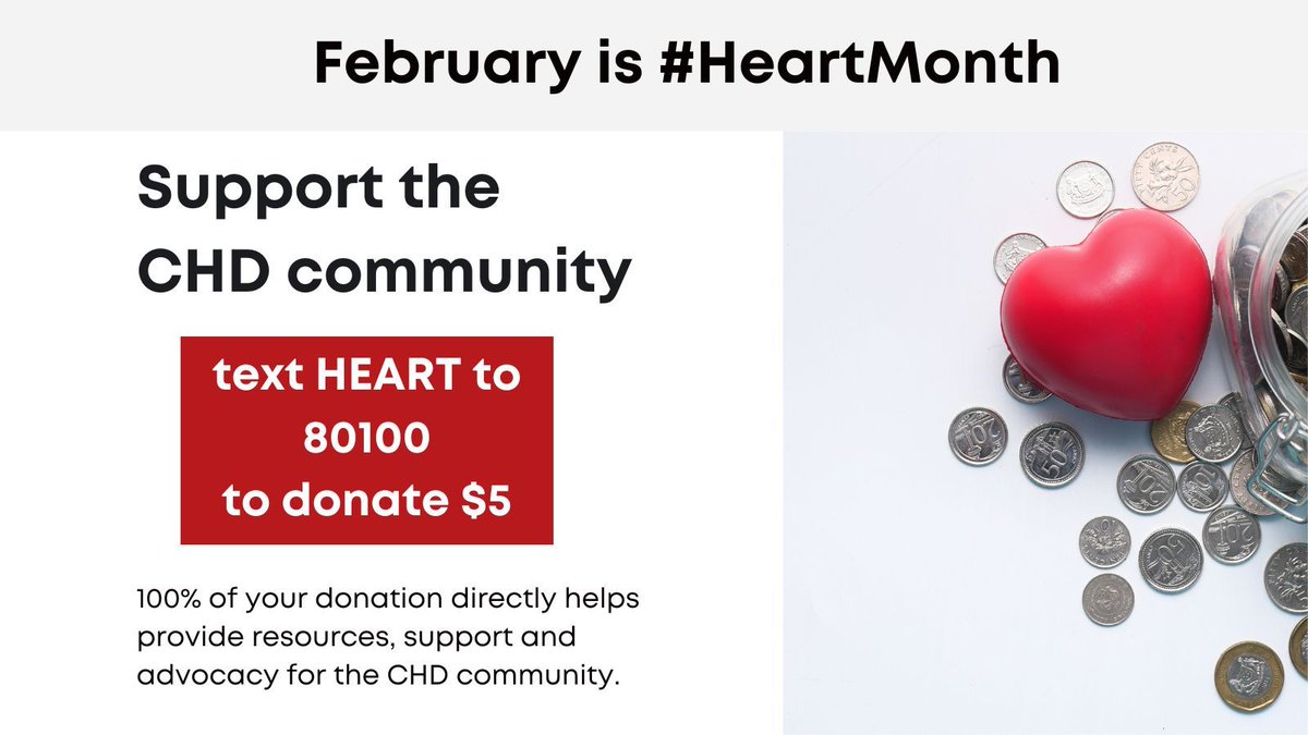 Want to support #CHDAwarenessWeek? It's as easy as sending a text! 
Text HEART to 80100 to donate $5 to CCHA. Every dollar of your donation will go directly towards developing resources and organizing events that support those living with #CHD.