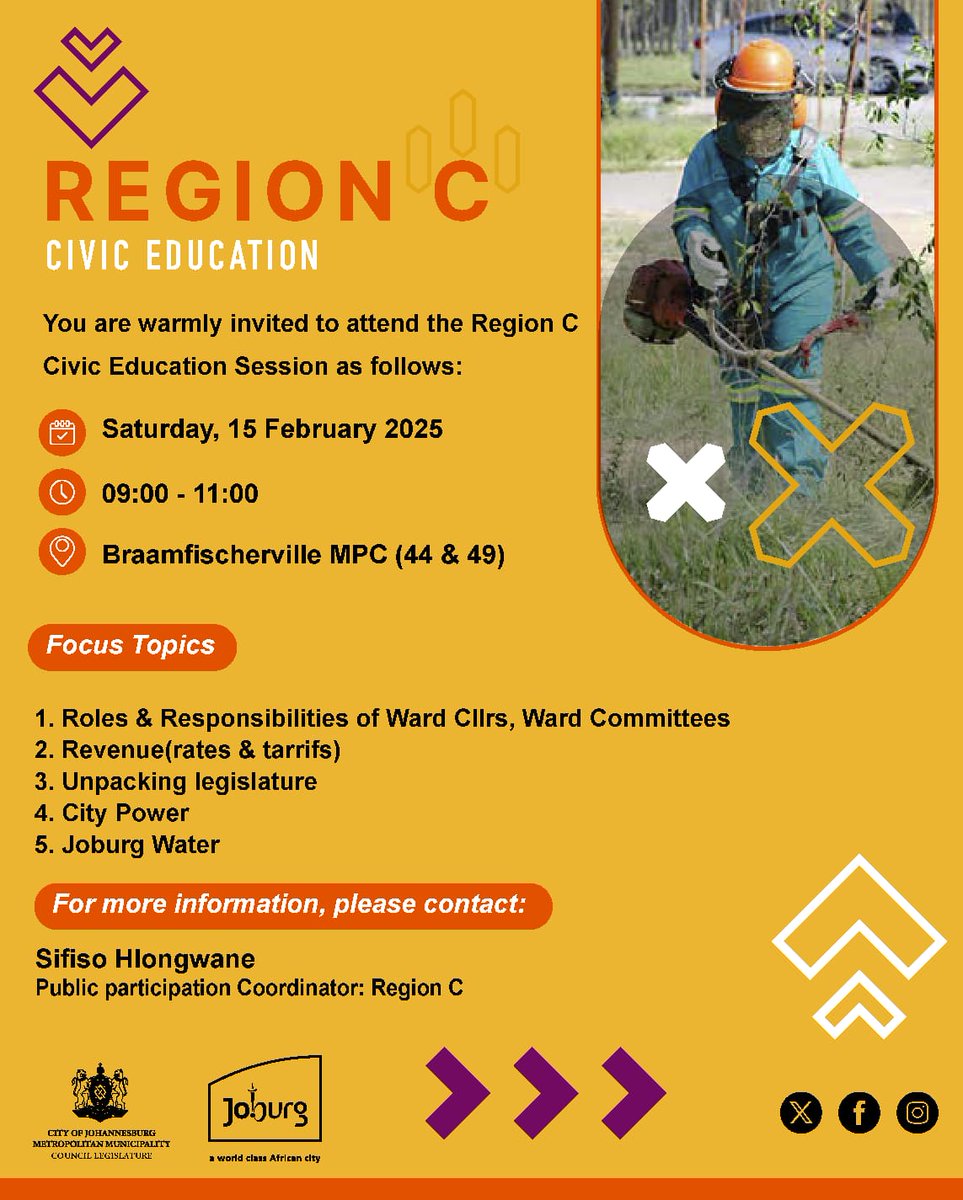 CityofJoburgZA's tweet photo. Calling all Region C residents! Join us for the upcoming Civic Education Session in your area. This is your chance to connect with the City, discover available services, and get involved in shaping your community. Don’t miss out! 

#JoburgServices ^RT https://t.co/tAtleNuR8P