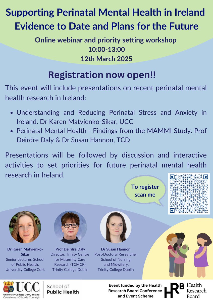 Trinity Centre for Maternity Care Research (@tcd_tcmcr) on Twitter photo Prof Deirdre Daly and <a href="/SusieHannon_irl/">Dr Susie Hannon</a> will present on "Perinatal Mental Health- Findings from the MAMMI Study" at the Webinar Supporting Perinatal Mental Health in Ireland, Evidence to Date and Plans for the Future
📅12th March 10.00am-1.00pm
Register- docs.google.com/forms/d/e/1FAI… Prof Deirdre Daly and <a href="/SusieHannon_irl/">Dr Susie Hannon</a> will present on "Perinatal Mental Health- Findings from the MAMMI Study" at the Webinar Supporting Perinatal Mental Health in Ireland, Evidence to Date and Plans for the Future
📅12th March 10.00am-1.00pm
Register- docs.google.com/forms/d/e/1FAI…