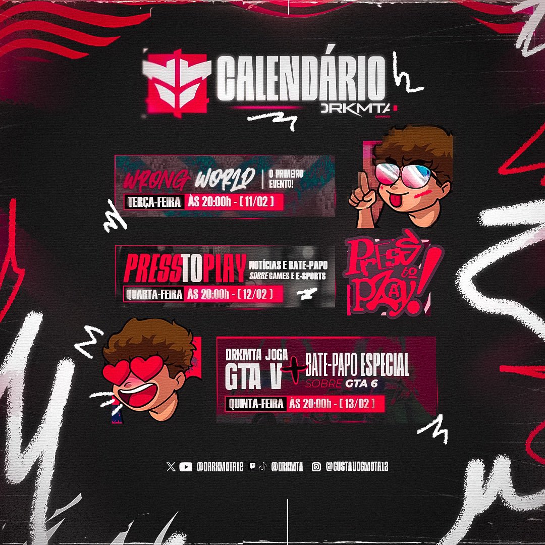 AGENDA DA SEMANA! 🚨

TERÇA-FEIRA.
-> WRONG WORLD: o PRIMEIRO EVENTO do MINE DOS STREAMERS 

QUARTA-FEIRA.
-> PressToPlay: Notícias e Bate-Papo sobre GAMES e E-SPORTS

QUINTA-FEIRA.
-> DrkMta Joga: GTA V + Bate-Papo especial sobre GTA 6