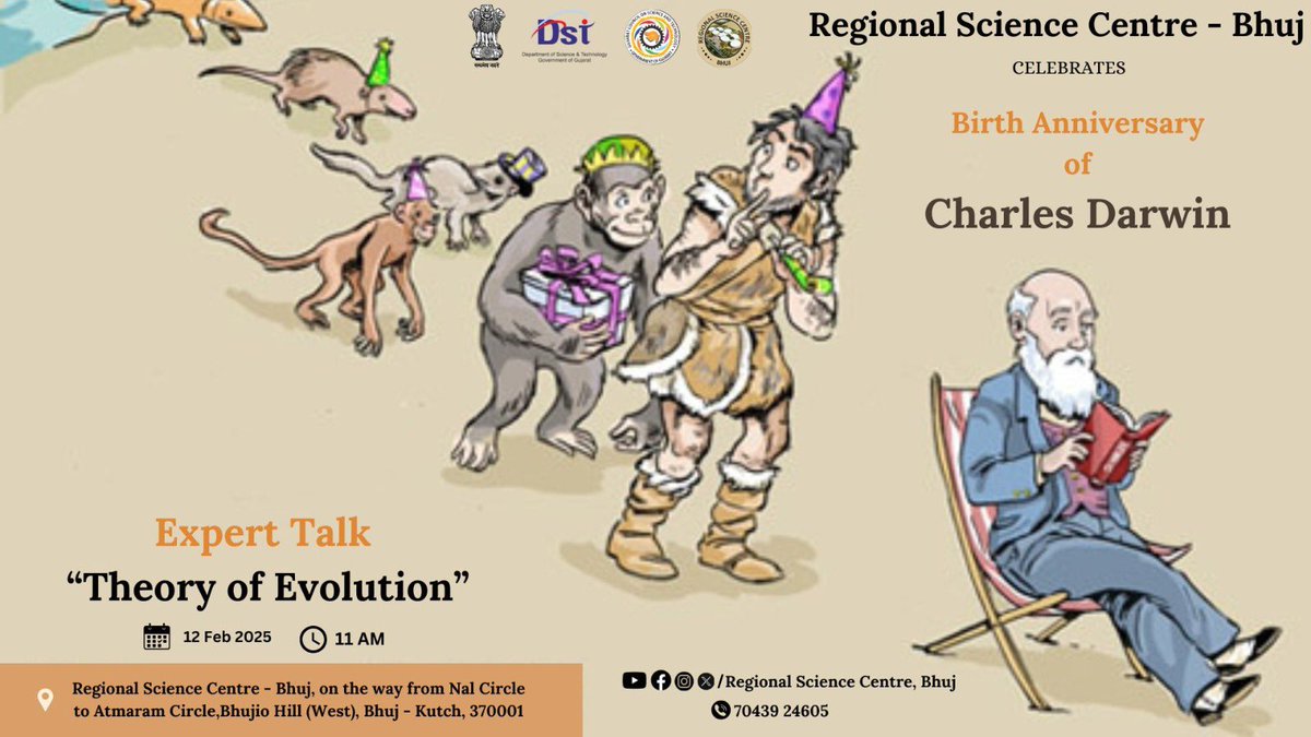 RscBhuj's tweet photo. Join us @RSCBhuj as we celebrate the birth anniversary of #Charles Darwin.
Don’t miss this opportunity to explore Darwin's groundbreaking contributions to science and #evolution. #SciencemonthCelebration #DarwinDay https://t.co/GfCUHFJG7D