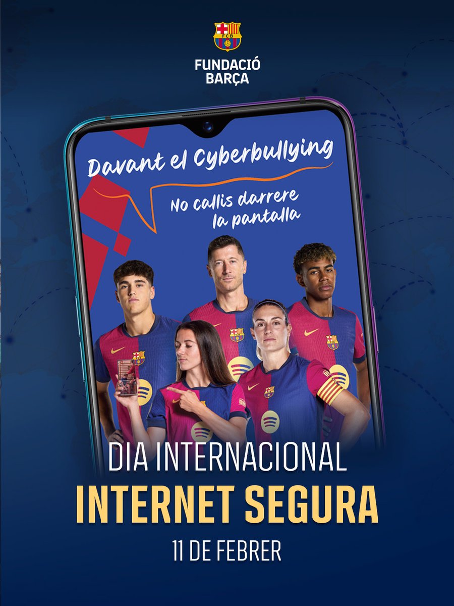 FundacioFCB's tweet photo. Avui, Dia Internacional de la Internet Segura, reafirmem el nostre compromís contra el cyberbullying i l’assetjament en línia. 📳

Creem espais digitals segurs perquè infants i joves puguin navegar amb confiança.🌐 https://t.co/Fj8yqPE0BX