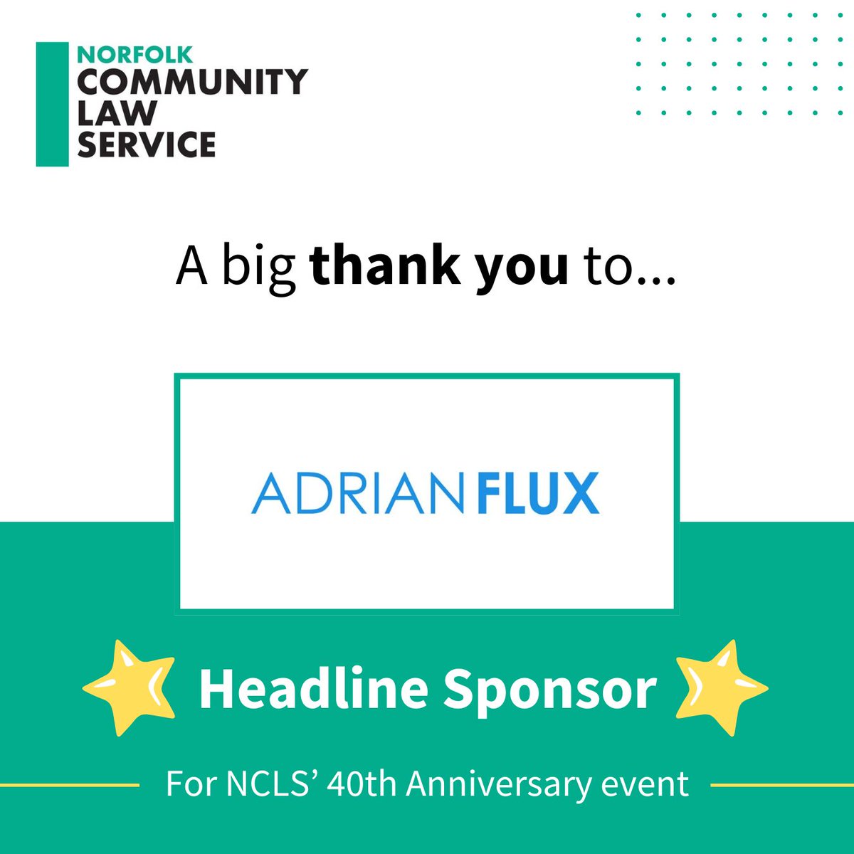Norfolk Community Law Service (@nclawservice) on Twitter photo A huge thank you to our headline sponsor! 🎉
We’re incredibly grateful to <a href="/adrianflux/">Adrian Flux</a> for being the headline sponsor of our 40th Anniversary event!
If you would like to become an event sponsor you can find further details on our website at: ncls.co.uk/40th-anniversa…
#Norfolk A huge thank you to our headline sponsor! 🎉
We’re incredibly grateful to <a href="/adrianflux/">Adrian Flux</a> for being the headline sponsor of our 40th Anniversary event!
If you would like to become an event sponsor you can find further details on our website at: ncls.co.uk/40th-anniversa…
#Norfolk