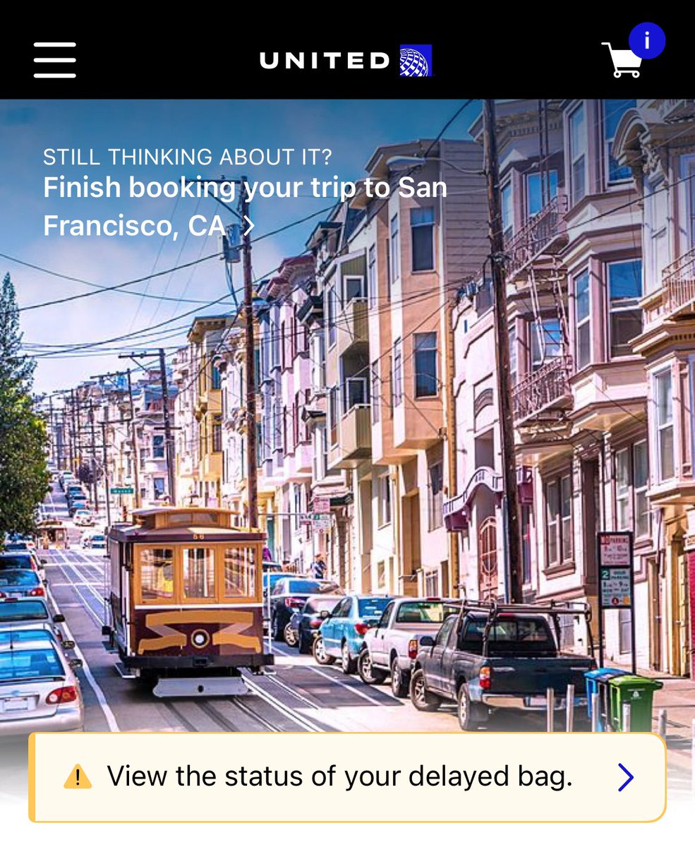 Renee Davis (@reneelovesdata) on Twitter photo I just ❤️ the thoughtful design w/ <a href="/united/">United Airlines</a> app. The Home Screen prompts me to continue booking my travels for #TDX25, with dynamic content of SF, and gives me quick access to see the status of my delayed bag from Cairo. Thanks for making the CX smooth, even with the bumps. I just ❤️ the thoughtful design w/ <a href="/united/">United Airlines</a> app. The Home Screen prompts me to continue booking my travels for #TDX25, with dynamic content of SF, and gives me quick access to see the status of my delayed bag from Cairo. Thanks for making the CX smooth, even with the bumps.