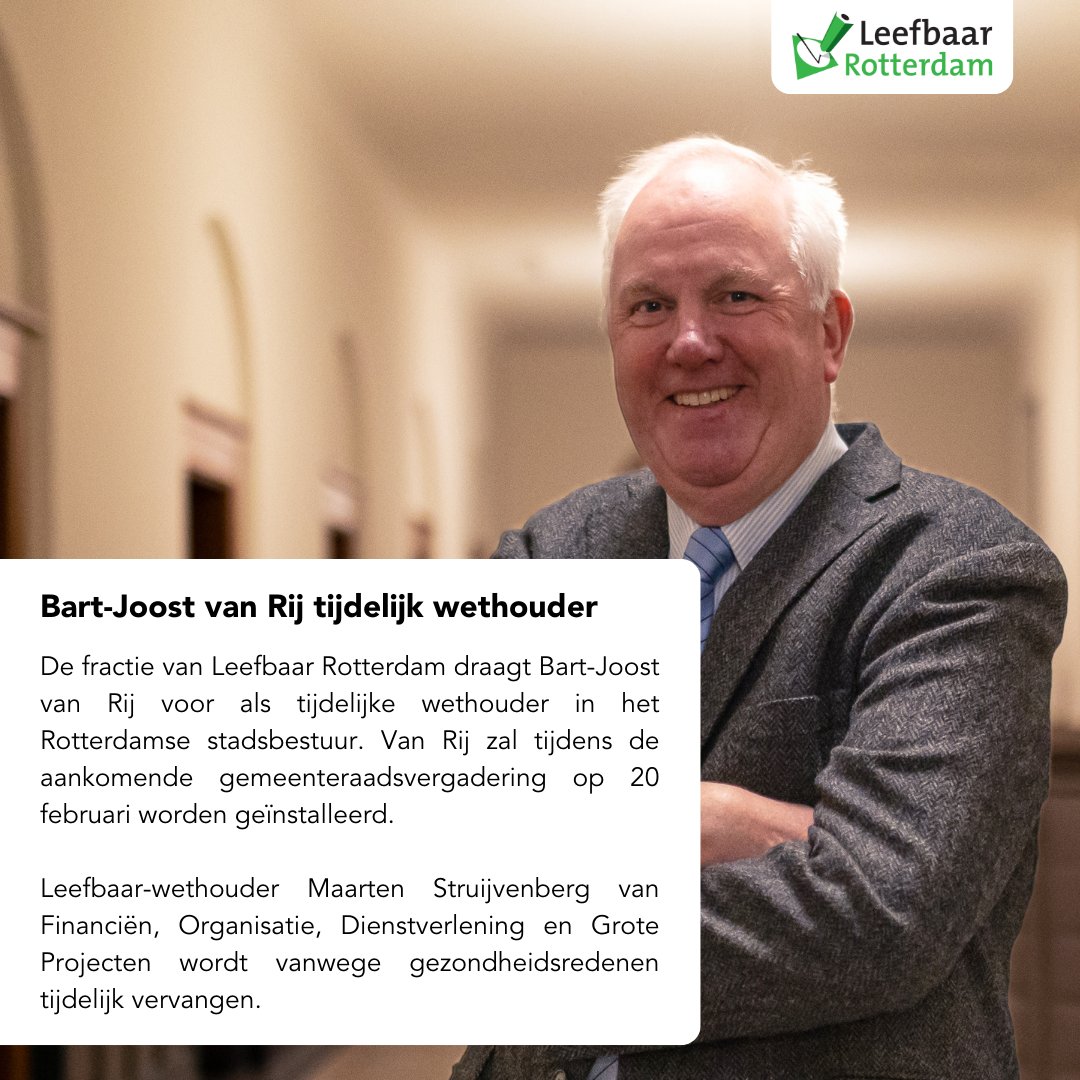 De fractie van Leefbaar Rotterdam draagt Bart-Joost van Rij voor als tijdelijke wethouder in het Rotterdamse stadsbestuur. Van Rij zal tijdens de aankomende gemeenteraadsvergadering op 20 februari worden geïnstalleerd.

Lees meer ➡️ leefbaarrotterdam.nl/nieuws/bart-jo…