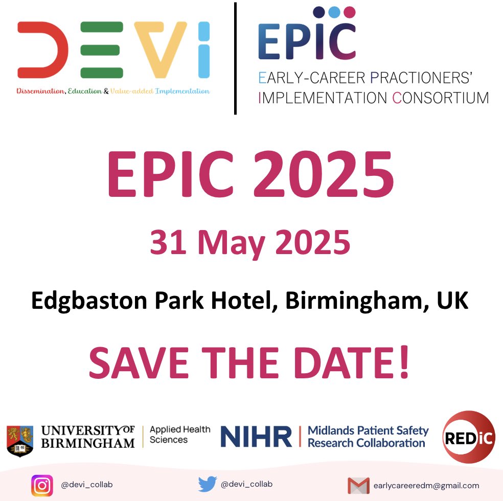 🔬Calling all early-career researchers &amp; clinicians! 🏥 Join us at #EPIC2025 on 31st May at Edgbaston Park Hotel, Birmingham. Present your work, network, and connect with peers! 🌟
📅 Save the date &amp; spread the word! 🔄
🔗 Learn more &amp; register here: sites.google.com/view/epic-2025…