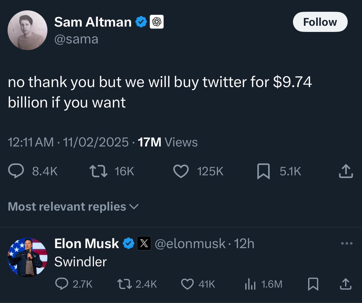 ايلون ماسك يستمر بمضايقة مؤسس OpenAI 🍿

فاجئ ايلون ماسك العالم اليوم بقيادته لمجموعة من المستثمرين لتقديم عرض ضخم جداً بقيمة 97.4 مليار دولار للاستحواذ على OpenAI 💰!!

— رد سام التمان عبر تويتر 📱:

لا شكراً، لكن سأشتري تويتر بـ9.74 مليار دولار اذا رغبت

وكان رد ايلون ماسك عليه