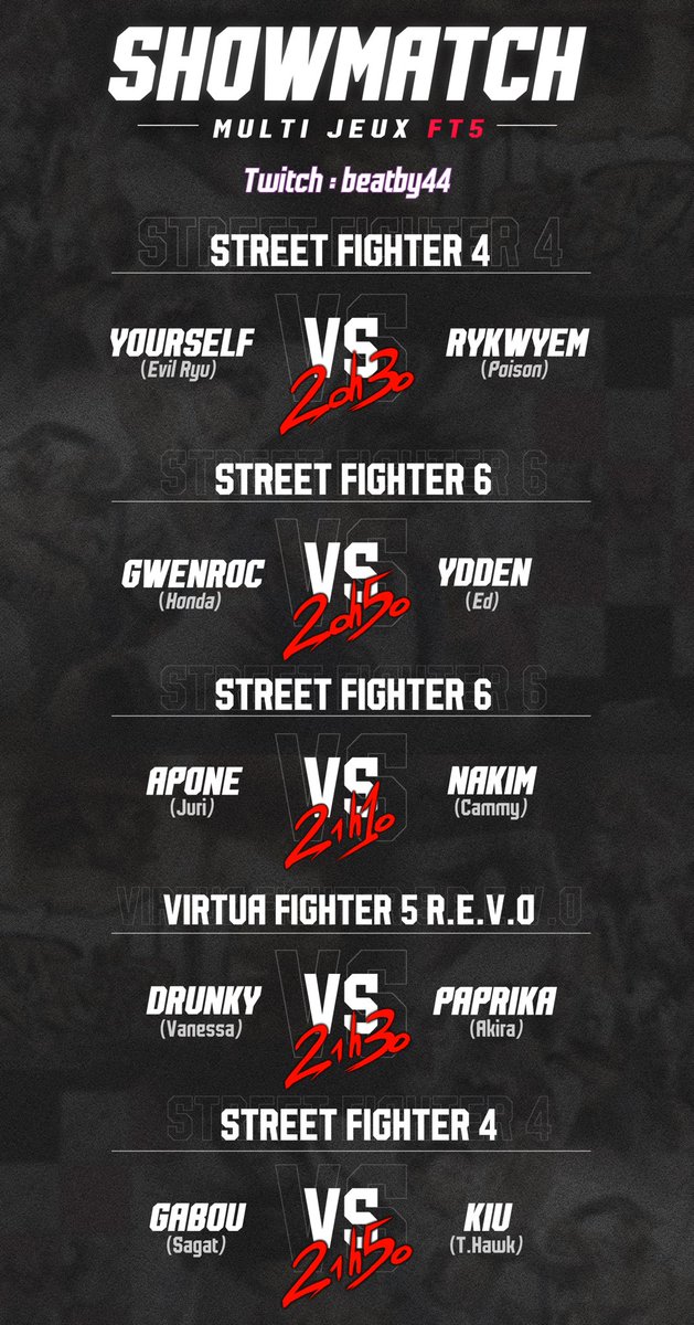 Beat by 44 (@beatby44) on Twitter photo Le retour des showmatchs BB44!
Ce soir à partir de 20:30 nous vous proposons:
- sur #USF4
<a href="/Brieuk_R/">Yourself | BB44</a> vs <a href="/Rykwyem/">Rykwyem | 🧟♀️</a>
<a href="/GabrielGuellaz/">GABOU !!!</a> vs Kiuzol
- sur #SF6
<a href="/GwenRoc/">Gwen Roc</a> vs Ydden
<a href="/Apone_44/">Apone (David)</a> vs <a href="/NakimAmura/">Nakim</a>
- sur Virtua Fighter 5 REVO
<a href="/DRUNKENlei/">BB44 | DRUNKENlei</a> vs <a href="/Paprikss/">Paprika</a>
Lien vers notre chaîne⤵️ Le retour des showmatchs BB44!
Ce soir à partir de 20:30 nous vous proposons:
- sur #USF4
<a href="/Brieuk_R/">Yourself | BB44</a> vs <a href="/Rykwyem/">Rykwyem | 🧟♀️</a>
<a href="/GabrielGuellaz/">GABOU !!!</a> vs Kiuzol
- sur #SF6
<a href="/GwenRoc/">Gwen Roc</a> vs Ydden
<a href="/Apone_44/">Apone (David)</a> vs <a href="/NakimAmura/">Nakim</a>
- sur Virtua Fighter 5 REVO
<a href="/DRUNKENlei/">BB44 | DRUNKENlei</a> vs <a href="/Paprikss/">Paprika</a>
Lien vers notre chaîne⤵️
