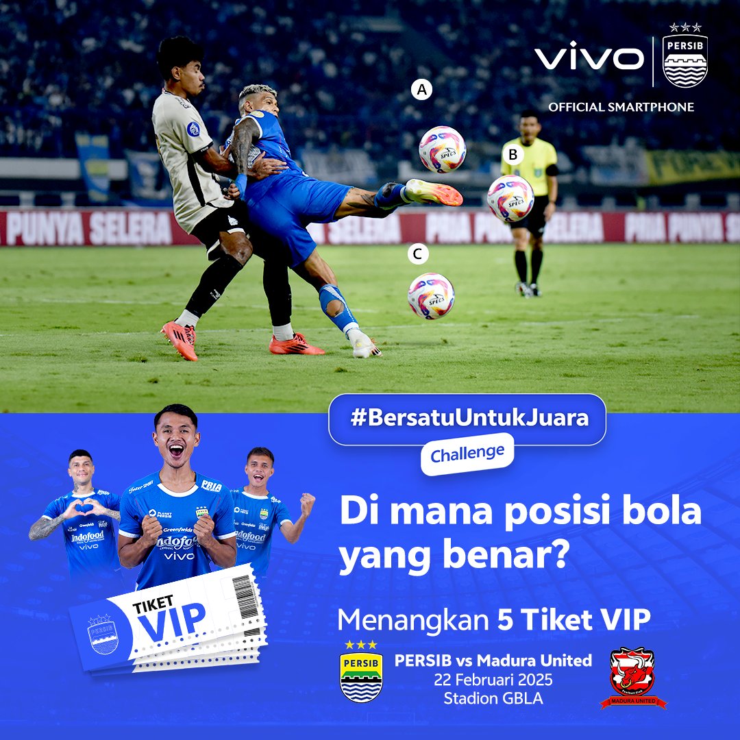 vivo_indonesia's tweet photo. vivolks! Yuk dapatkan kesempatan untuk raih 5 tiket VIP Home Match PERSIB vs. Madura United tanggal 22 Februari! ⚽

Begini caranya:
1.⁠ ⁠Jawab pertanyaan di postingan ini di kolom reply.
2.⁠ ⁠Mention 3 teman kamu.
3.⁠ ⁠Follow @vivo_indonesia dan @persib
4.⁠ ⁠Periode: 11-17 Februari 2025

Pemenang akan diumumkan tanggal 18 Februari 2025. Good luck, vivolks!🔥