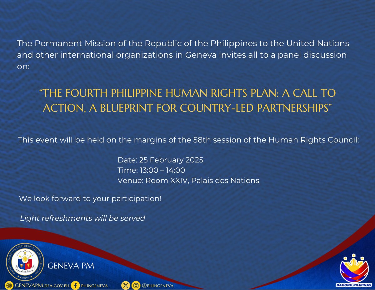 Philippine Mission UN Geneva (@phingeneva) on Twitter photo independent national human rights institution, and external partners, in order to advance the national human rights agenda”, Deputy Perm Rep Kristine Leilani R. Salle stated at the Organizational Meeting on the 58th Session of <a href="/UN_HRC/">UN Human Rights Council</a>. <a href="/DFAPHL/">DFA Philippines 🇵🇭</a> <a href="/PHRCSOfficial/">PHRC Secretariat Philippines</a> <a href="/PHMissionNY/">Philippine Mission to the UN</a> independent national human rights institution, and external partners, in order to advance the national human rights agenda”, Deputy Perm Rep Kristine Leilani R. Salle stated at the Organizational Meeting on the 58th Session of <a href="/UN_HRC/">UN Human Rights Council</a>. <a href="/DFAPHL/">DFA Philippines 🇵🇭</a> <a href="/PHRCSOfficial/">PHRC Secretariat Philippines</a> <a href="/PHMissionNY/">Philippine Mission to the UN</a>