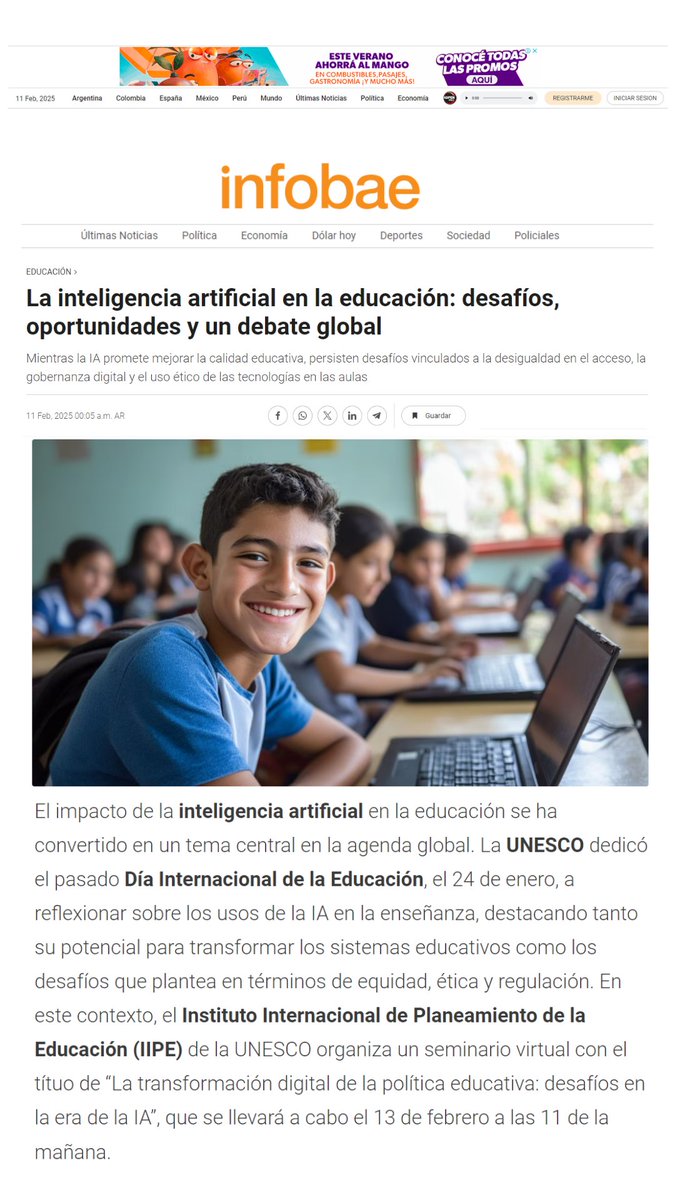 "La transformación digital de la política educativa. Desafíos en la era de la IA", próximo evento del <a href="/IIPEUNESCO_BA/">IIPE UNESCO América Latina y el Caribe</a> 🚀

🗓️ jueves 13 de febrero
🕚11 h (GMT -3)

Es gratuito y otorga certificado, ¡no te quedes afuera!

➡️infobae.com/educacion/2025…