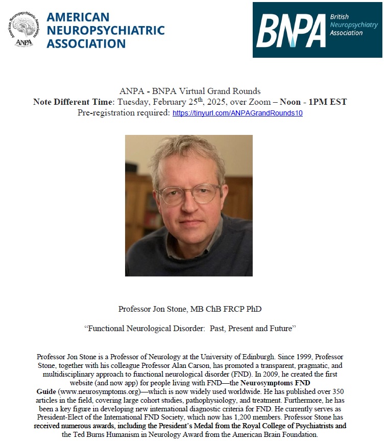 American Neuropsychiatric Association (ANPA) (@anpadirect) on Twitter photo Mark your calendars & pre-register for this <a href="/anpadirect/">American Neuropsychiatric Association (ANPA)</a> & <a href="/The_BNPA/">British Neuropsychiatry Association</a> Virtual Grand Rounds by Prof. Jon Stone (<a href="/jonstoneneuro/">Jon Stone</a>)!
Functional Neurological Disorder: Past, Present & Future
Tuesday February 25th, 2025 at 12noon ET
Pre-registration required: tinyurl.com/ANPAGrandRound… Mark your calendars & pre-register for this <a href="/anpadirect/">American Neuropsychiatric Association (ANPA)</a> & <a href="/The_BNPA/">British Neuropsychiatry Association</a> Virtual Grand Rounds by Prof. Jon Stone (<a href="/jonstoneneuro/">Jon Stone</a>)!
Functional Neurological Disorder: Past, Present & Future
Tuesday February 25th, 2025 at 12noon ET
Pre-registration required: tinyurl.com/ANPAGrandRound…