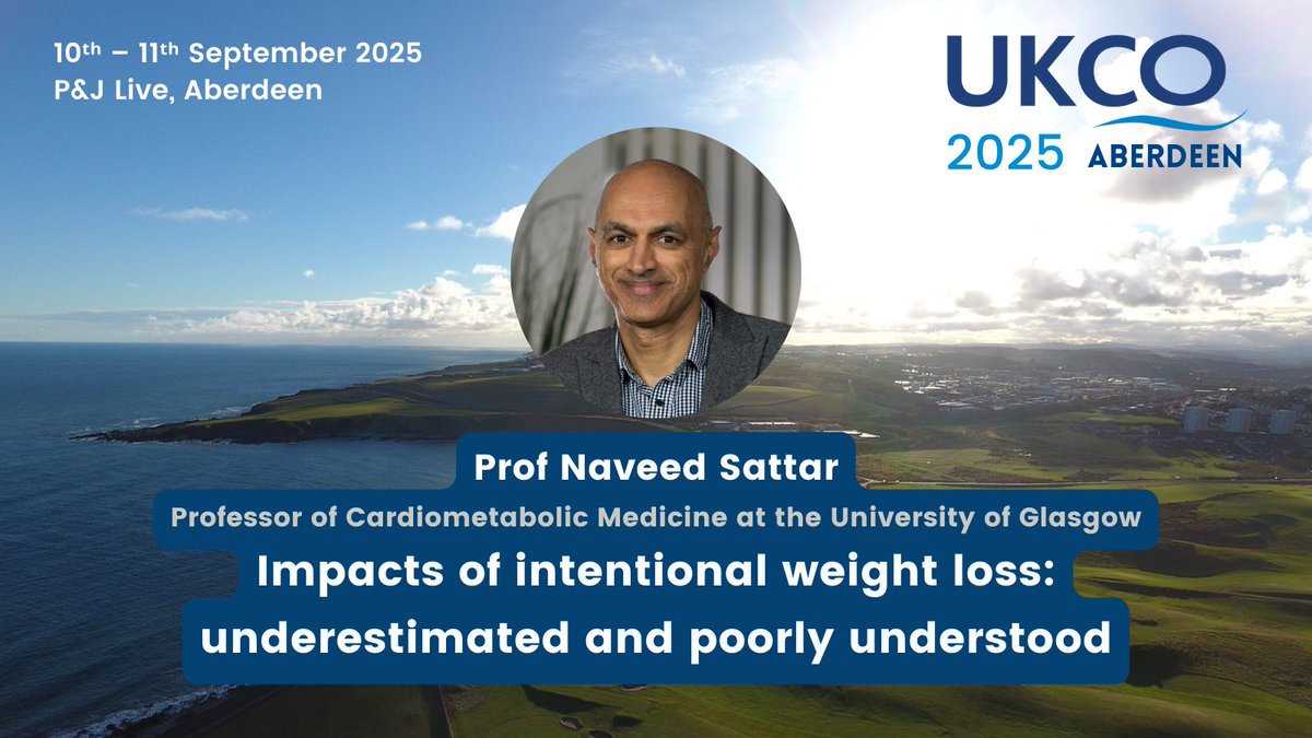 Our first keynote speaker announcement for #UKCO2025 is Prof Naveed Sattar from the University of Glasgow and is internationally recognised in cardiometabolic disease
His talk is titled 'Impacts of intentional weight loss: underestimated and poorly understood'