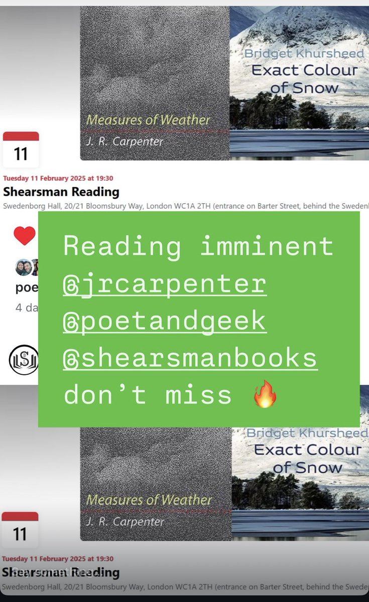 khursheb's tweet image. Reading at the #SwedenborgHall #London #poetry #newpoetry @ShearsmanBooks @jr_carpenter
Tonight 💚
Event details
shearsman.com/shearsman-read…