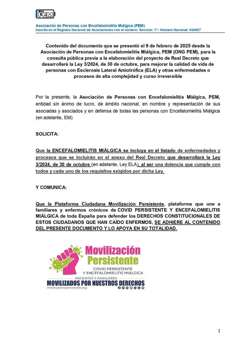 ONG PEM (@asociacionpem) on Twitter photo 🔴Desde nuestra asociación participamos en la Consulta Pública abierta por el Ministerio de Sanidad <a href="/sanidadgob/">Ministerio de Sanidad</a> para que la #EncefalomielitisMiálgica se incluya en el listado de enfermedades y procesos que se incluirán en el anexo del Real Decreto que desarrollará la Ley 3/2024, 🔴Desde nuestra asociación participamos en la Consulta Pública abierta por el Ministerio de Sanidad <a href="/sanidadgob/">Ministerio de Sanidad</a> para que la #EncefalomielitisMiálgica se incluya en el listado de enfermedades y procesos que se incluirán en el anexo del Real Decreto que desarrollará la Ley 3/2024,