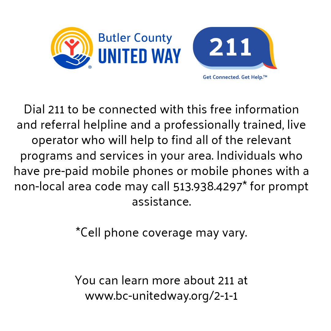 Butler County United Way's 211 Information and Referral Helpline is available 24/7/365, connecting people to critical services and resources in Butler County like food, housing, and healthcare. This #211Day we are celebrating the power of community support!
