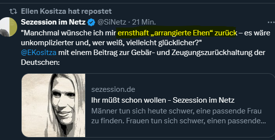 TanteAnni3's tweet photo. Und jetzt sag nochmal einer, #Schellroda und damit die #AfD unterscheiden sich in irgendeiner Form vom Islam.
Die möchten ein biodeutsches Kalifat und die Väter suchen die Partner der Tochter aus.
Genauso, wie das in islamischen Ländern meist noch der Fall ist. https://t.co/pr7ZDe8nYH