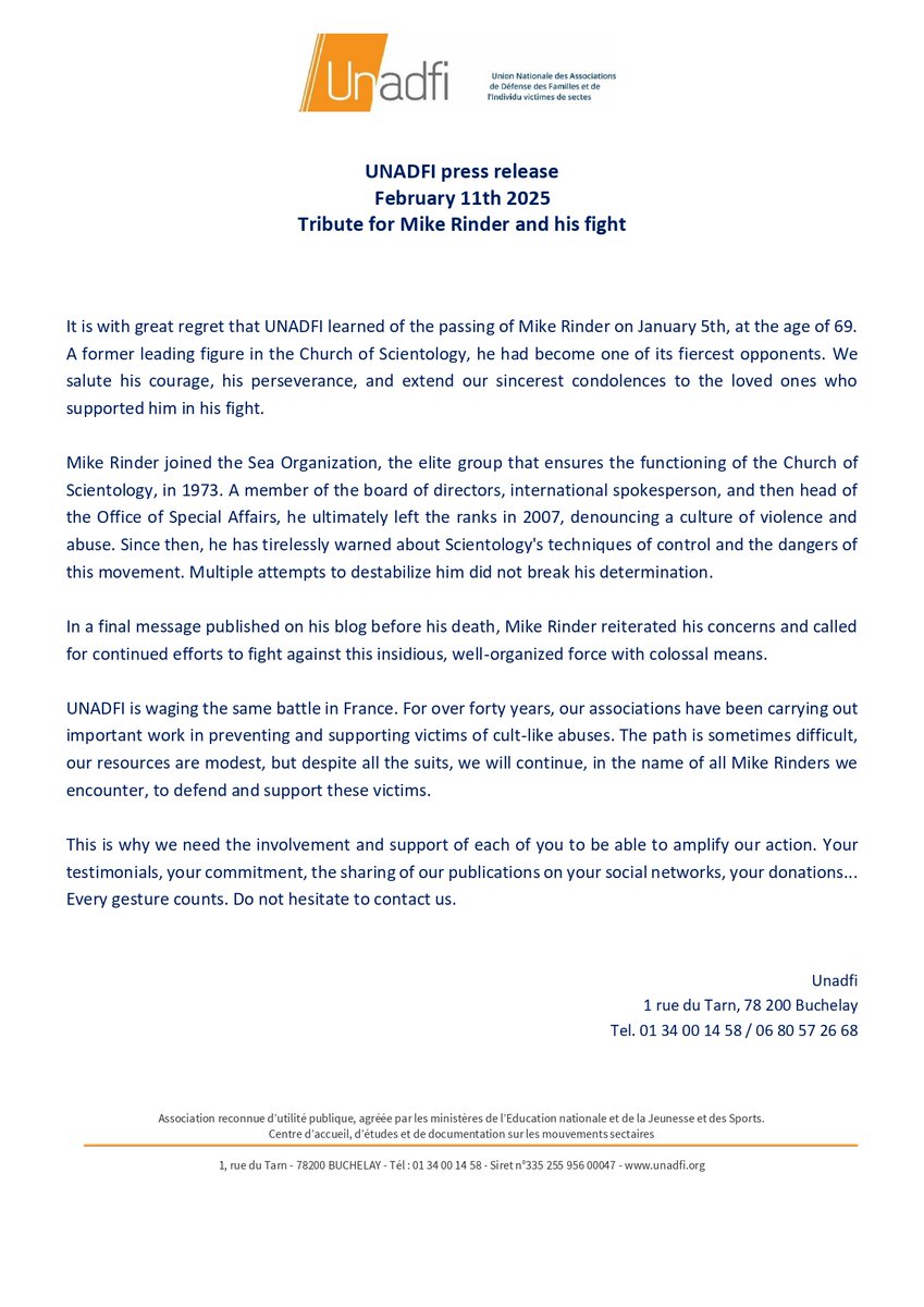 UNADFI press release // February 11th 2025

TRIBUTE FOR MIKE RINDER AND HIS FIGHT