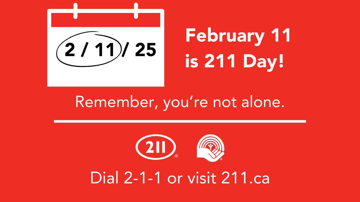 It's 211 Day! 

Join us on February 11th as we highlight the incredible impact of 211 across Canada.

211 connects people to community programs, social services, government supports, and beyond.

Dial 2-1-1 or visit 211.ca.

#HelpStartsHere #211DayCanada