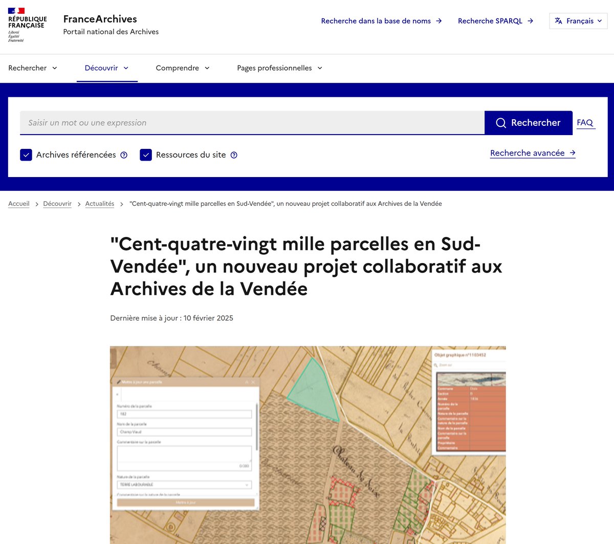 La plateforme CadNap85 de PARCEDES grâce <a href="/AgenceRecherche/">ANR - Agence nationale de la recherche</a>  <a href="/Inrap/">Inrap</a> et <a href="/DepVendee/">Département Vendée</a> est  l'honneur sur la pages des actualités de <a href="/FranceArchives/">FranceArchives</a> :
francearchives.gouv.fr/actualite/1024…
Merci pour le coup de projecteur ! 😇
