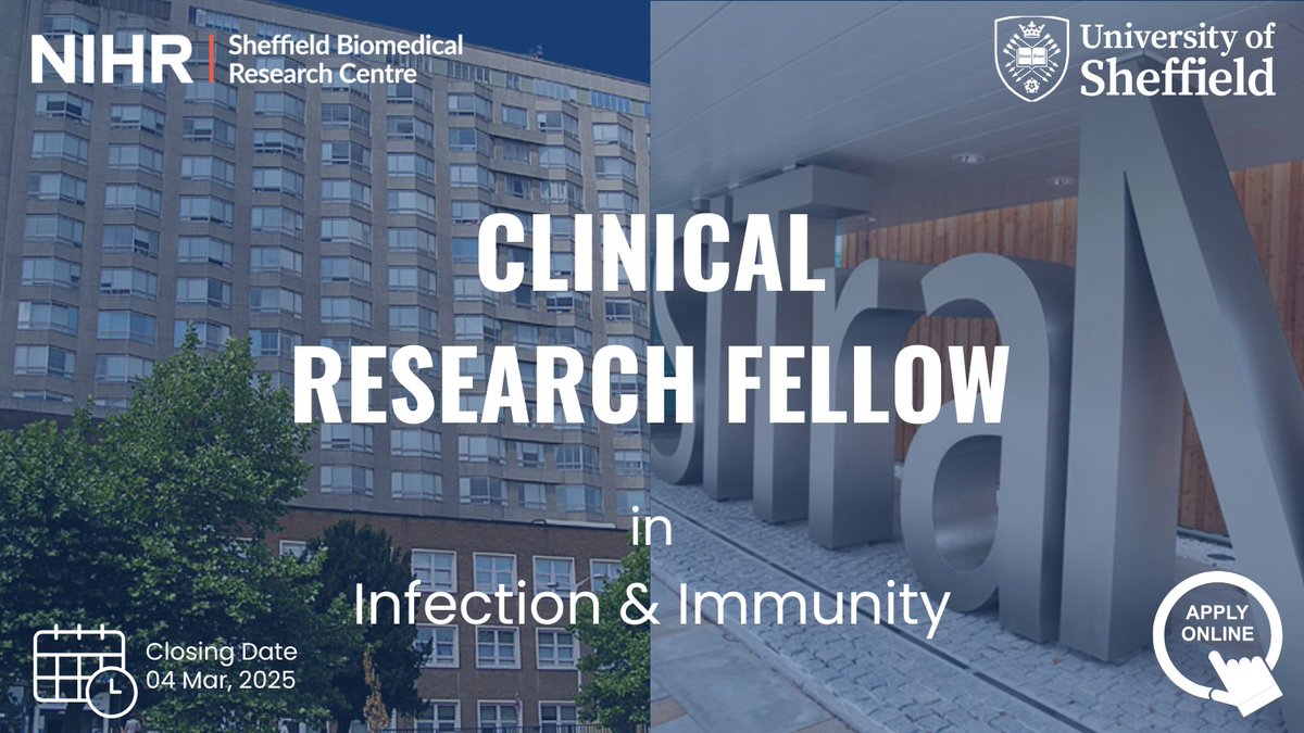 NIHR Sheffield Biomedical Research Centre (@sheffieldbrc) on Twitter photo 📢 An exciting opportunity to join the <a href="/SheffieldBRC/">NIHR Sheffield Biomedical Research Centre</a> as a #ClinicalFellow is now open!
Work on stimulating projects across our #Infection & #Immunity theme. Get mentored by leading clinicians and scientists!
🔗 Learn more & apply here: bit.ly/3CYiai2 📢 An exciting opportunity to join the <a href="/SheffieldBRC/">NIHR Sheffield Biomedical Research Centre</a> as a #ClinicalFellow is now open!
Work on stimulating projects across our #Infection & #Immunity theme. Get mentored by leading clinicians and scientists!
🔗 Learn more & apply here: bit.ly/3CYiai2
