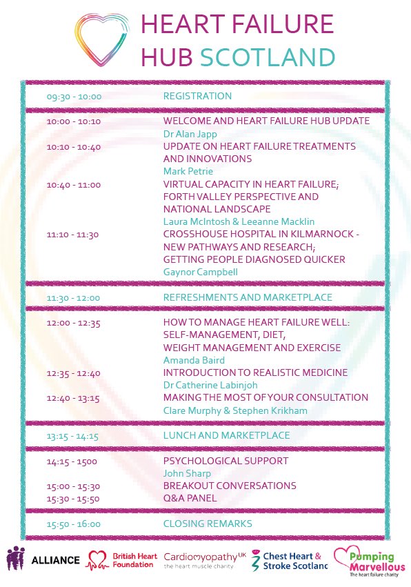 Please see this upcoming Heart Failure Hub Scotland event . This is for patients and their carers to learn more about this condition. There are a number of fantastic health care professionals speaking and you will have the opportunity to speak to them . Please share