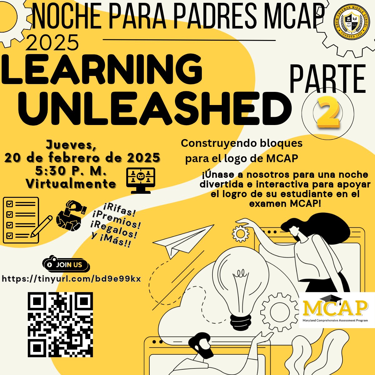 DFMS_PGCPS's tweet image. 📢 Attention Falcon Families!

 Join us for our rescheduled Learning Unleashed Part 2: Building Blocks for MCAP Achievement!

🗓 Date: *Feb 20, 2025*
⏰ Time: 5:30-6:30 PM
💻 Virtual: tinyurl.com/bd9e99kx

Let’s get our students geared up for success!