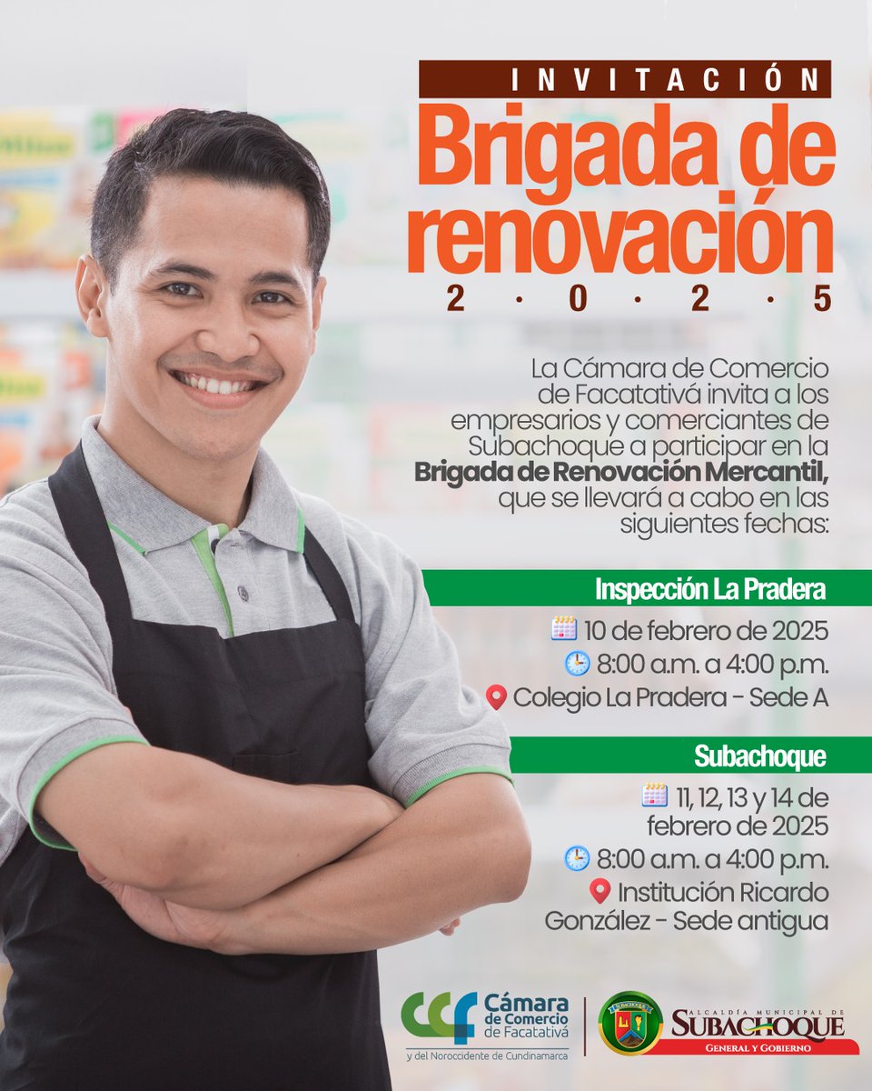 ¡Atención empresarios y comerciantes de #Subachoque! 

La Cámara de Comercio de Facatativá y la Alcaldía de Subachoque te invitan a la Brigada de Renovación Mercantil 2025 

📅 Fechas:
📍 Subachoque – 11 al 14 de febrero