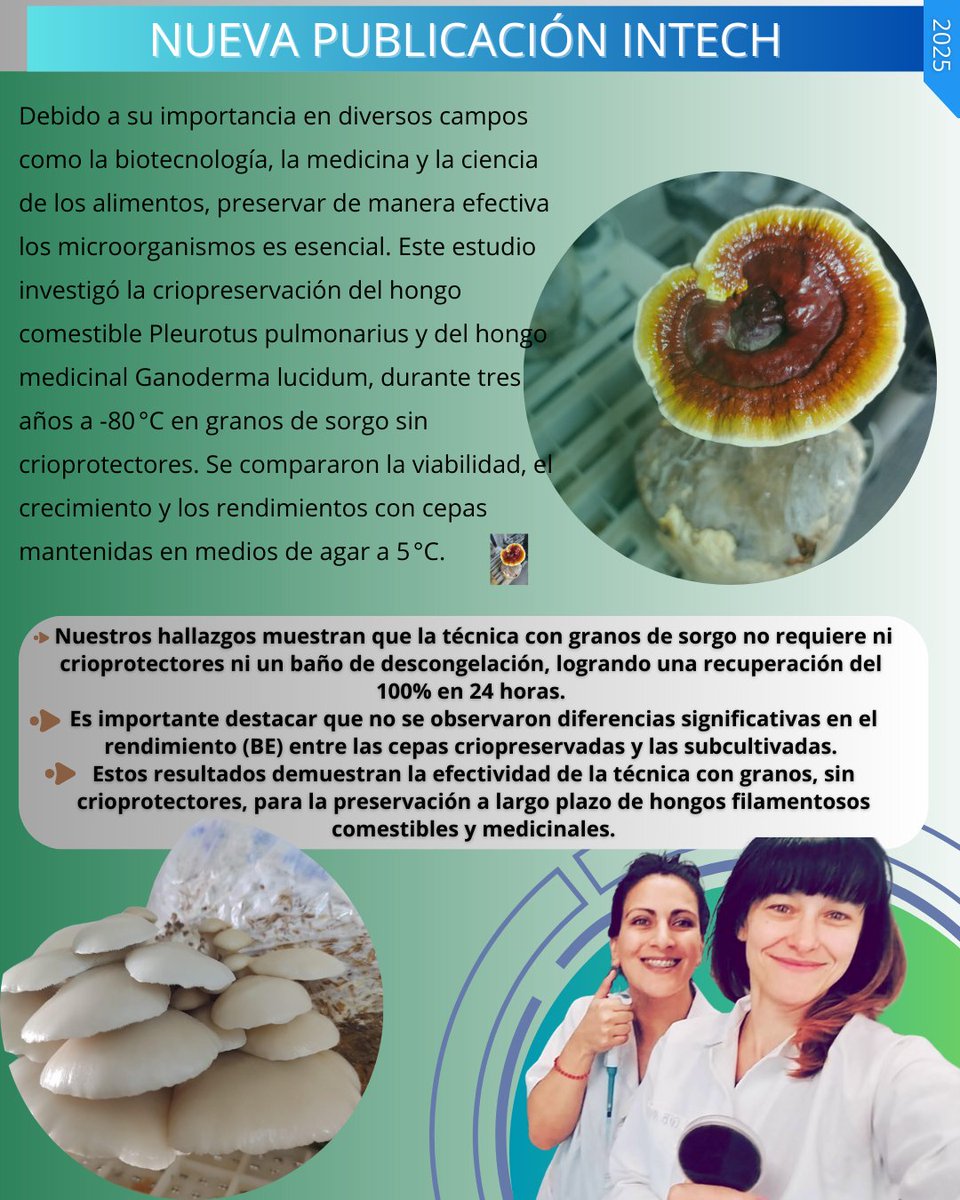 IntechChascomus's tweet photo. Nueva publicación de nuestro Instituto. Ramirez NS, Lining D, Albertó E, Pose G. Effect on viability and yield on Pleurotus pulmonarius and Ganoderma lucidum after 3 years of cryopreservation without cryoprotectants. https://t.co/FtgOJPXt1O