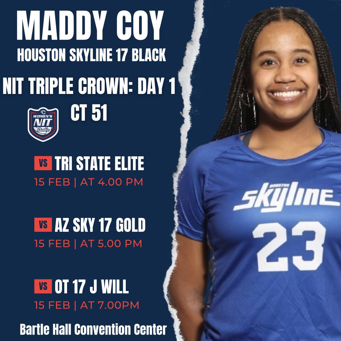 Maddy_Coy's tweet image. 🏐 NIT Triple Crown Day 1 Schedule 🏐
Stop by Court #51. @HoustonSkyline 17 Black Let’s go!! @VBAdrenaline @grtorres @PrepDig #outwork
