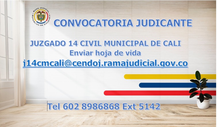 StivenMurielM1's tweet photo. El Juzgado 14 Civil Municipal de Cali  requiere "JUDICANTE AD HONOREM"  si estas interesad@ envía la hoja de vida al correo: j14cmcali@cendoj.ramajudicial.gov.co
No olvides indicar en el asunto del mensaje Judicante 2025. https://t.co/EC4puzmkCa