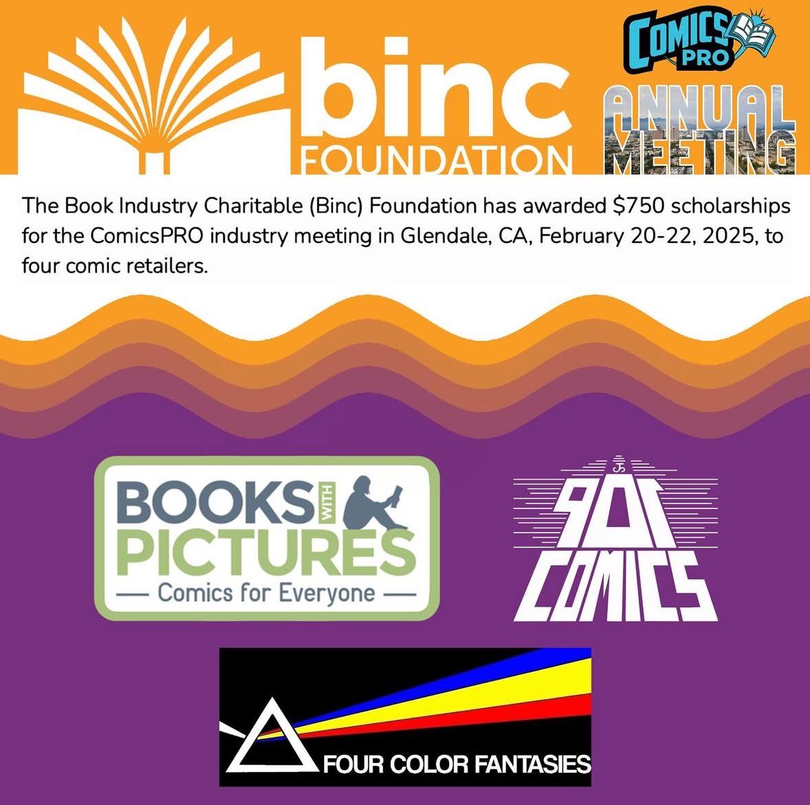 CBCCPodcast's tweet image. The BINC Foundation awarded 3 scholarships to 3 LCS retailers so they could attend #ComicsPro next week and our pal Erik from @fcfcomics was one of them! Super excited to talk with him once he gets back from the event.