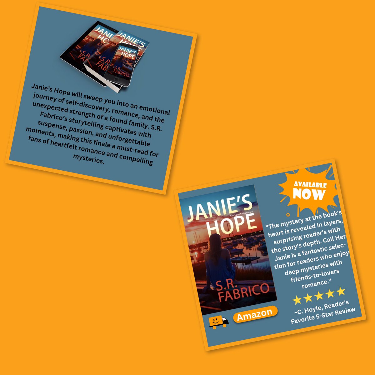 “Janie’s Hope is a powerful and heartwarming conclusion to the Southport Series, set in a charming small town where secrets run deep, and love can heal the deepest wounds.”

FULL SPOTLIGHT:    tinyurl.com/4jvmde4a

@stacyRowe1
Books and Wine Lovers Marketing