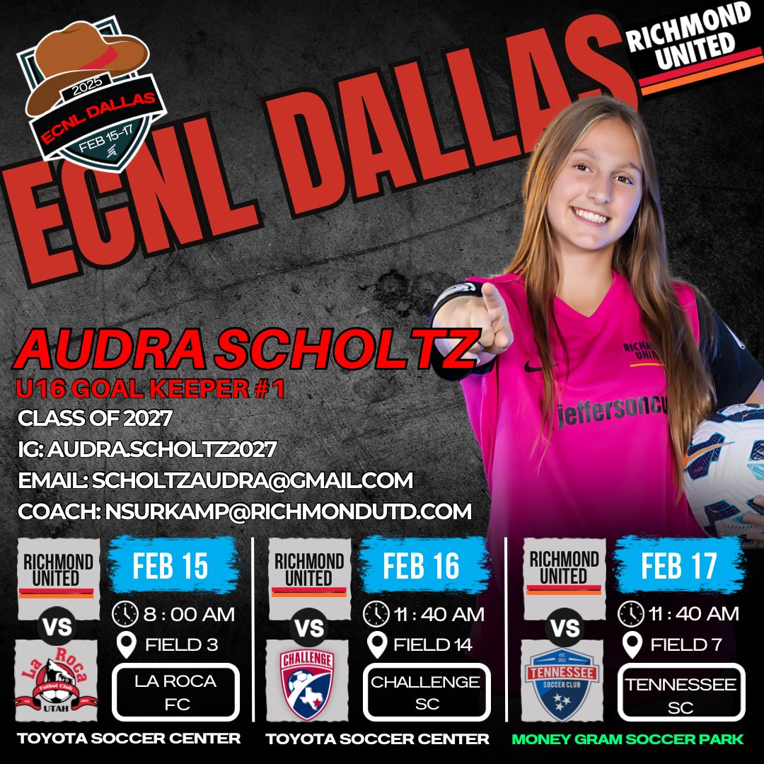 Excited to play in Dallas this weekend!  Here’s my schedule!
<a href="/richmondunited/">Richmond United ECNL Girls</a> <a href="/PrepSoccer/">Prep Soccer ⚽️</a> <a href="/TopDrawerSoccer/">TopDrawerSoccer</a> <a href="/ImYouthSoccer/">ECNL/GA/Recruiting/College Soccer</a>