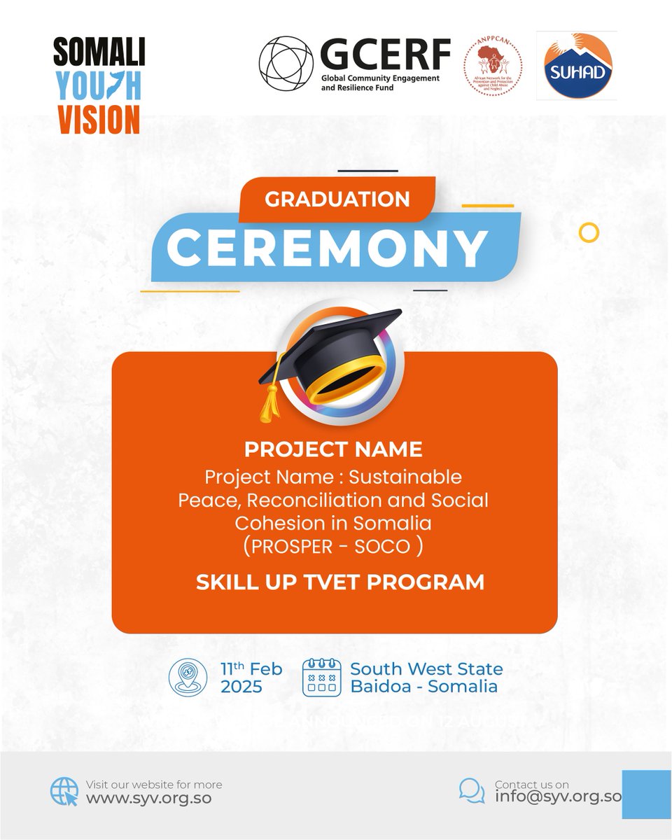 SYVSomalia's tweet photo. The Graduation Ceremony under the PROSPER-SOCO project celebrated youth who completed training in sewing, solar energy repair, and plumbing. Investing in vocational skills strengthens communities and opens doors to new opportunities.

Congratulations to all graduates!

 #TVET https://t.co/3aFUlRL8Dw