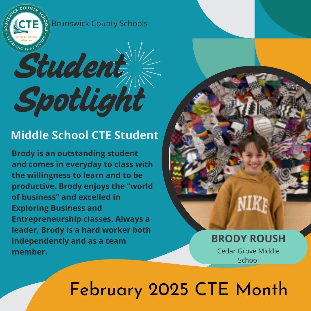Monday's Brunswick County Schools CTE Middle School student spotlight is Brody Roush from Cedar Grove Middle School. Congrats Brody!

Check back each day this month for more CTE Spotlights!

#BrunswickBuilt #CTEforNC