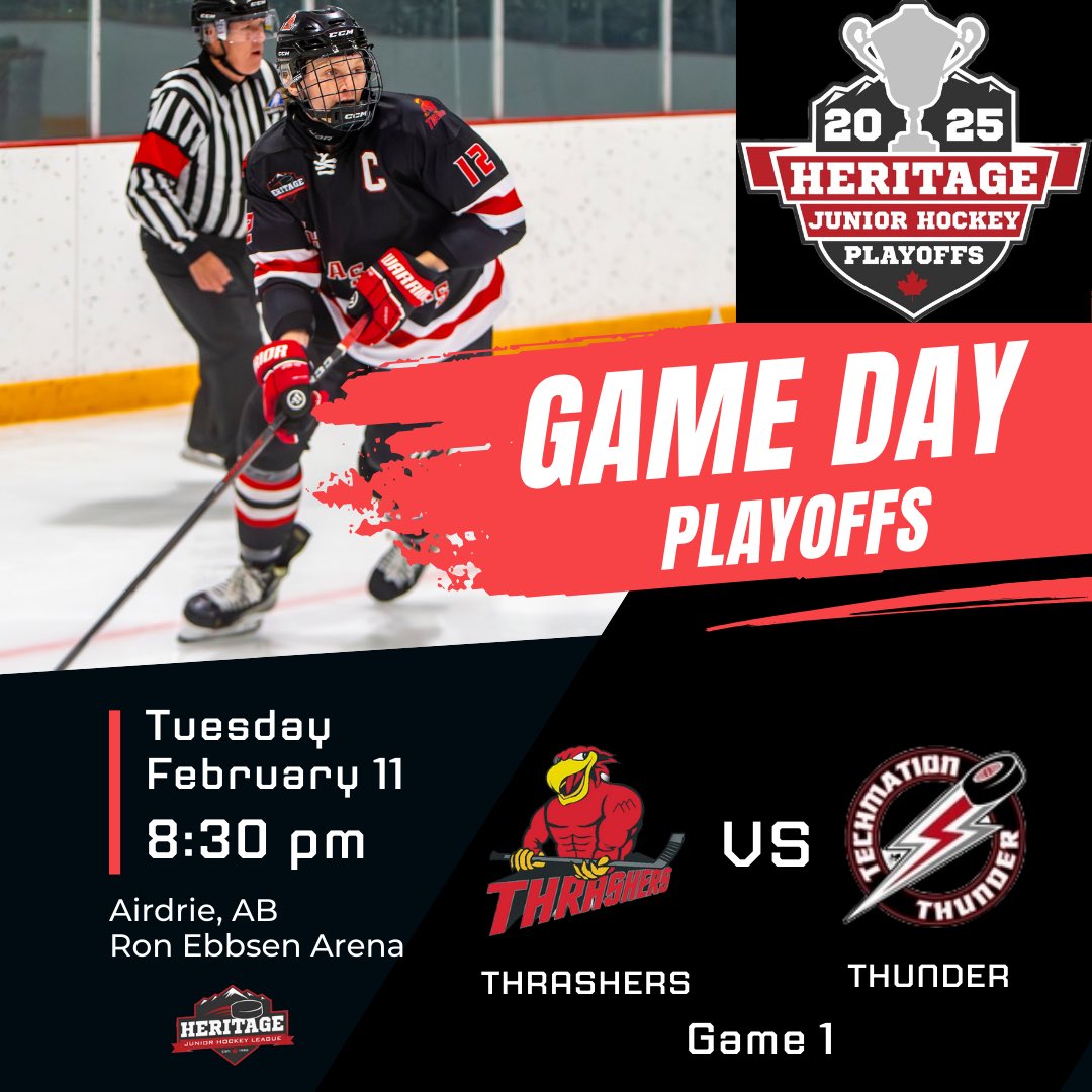 🚨PLAYOFF GAME DAY!🚨 The wait is over—it’s go time! The Thrashers hit the road tonight for Game 1 in Airdrie, and we need all the energy, all the noise, and all the support! 💥🔥 Start the car, grab your crew, and meet us at Ron Ebbesen Arena, because puck drops at 8:00 PM.