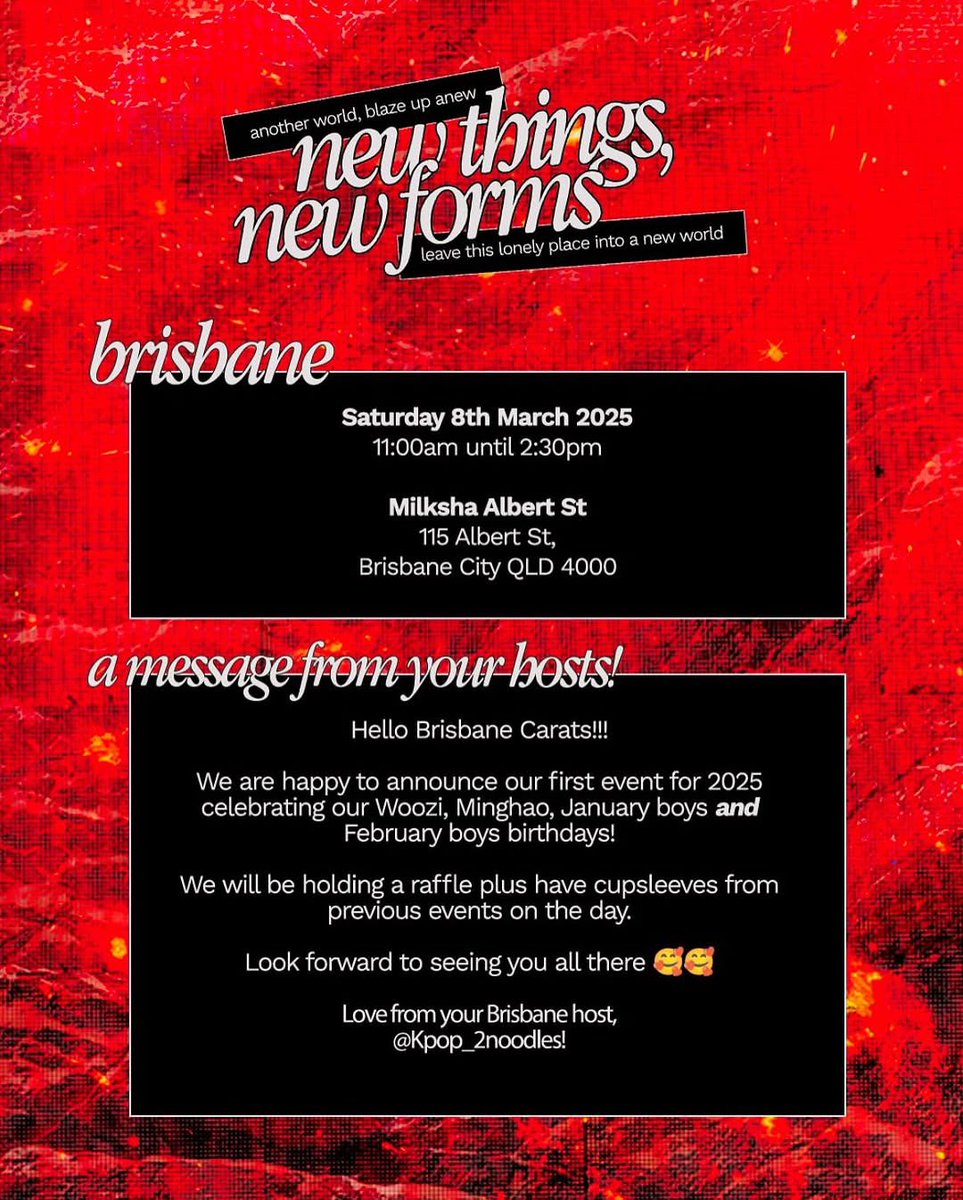 BrisKpopFans's tweet photo. Brisbane Carats!💎

Its time to celebrate Minghao, Joshua, Woozi, &amp; Seungkwan Day!

🗓️ Saturday 8th March
🕚 11AM - 2:30PM
📍 Milksha, Albert St Brisbane CBD
🎉 @kpop__2noodles https://t.co/AN5MpL0jQ8