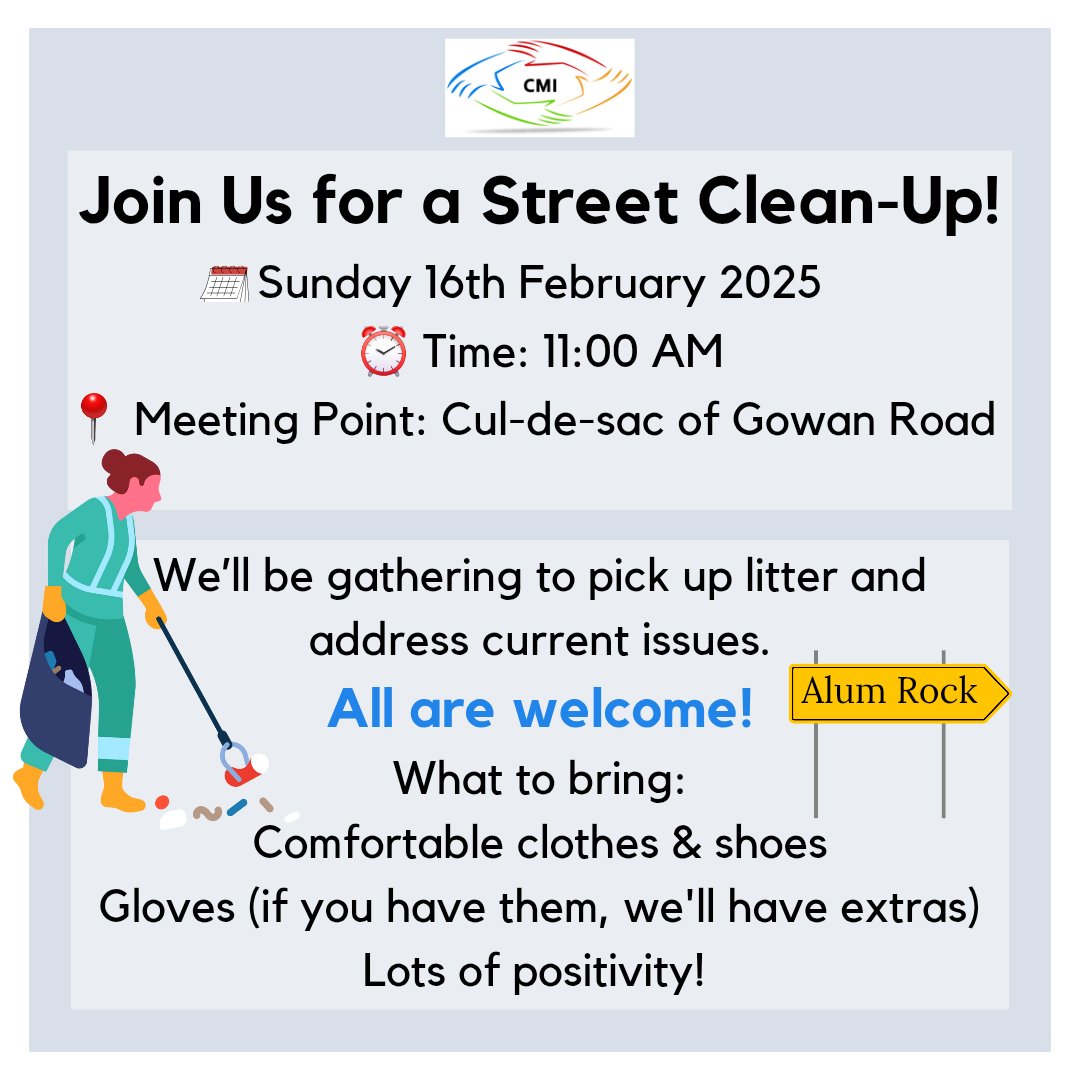 Join us this Sunday at 11.00am for a street clean with CMI.

Let's work together to make our community cleaner and greener. Please join us to spread the aims of our campaign #itstartswithyou

✅Pick up litter
✅Respecting your surroundings
✅Encourage your neighbours
 
#CMIWomen