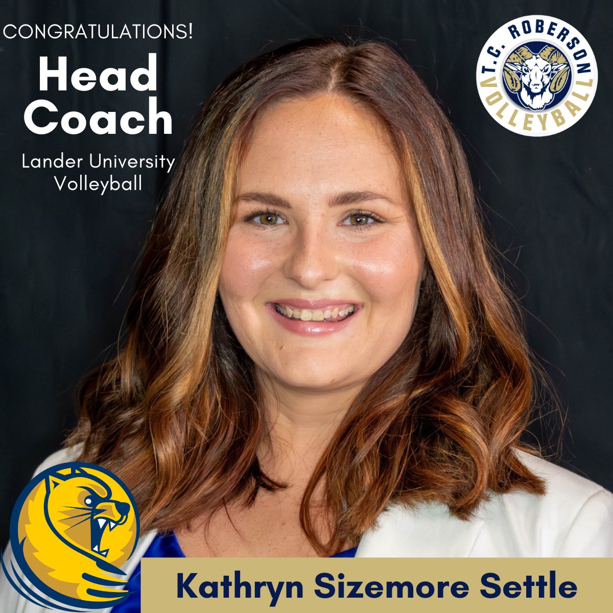 A huge CONGRATS to former Roberson standout &amp; Assistant Coach, Kathryn Sizemore Settle, on being named the Head Coach at Lander University!
We are incredibly proud of your dedication &amp; hard work in the sport of volleyball. We can't wait to see the new heights Lander will reach!
