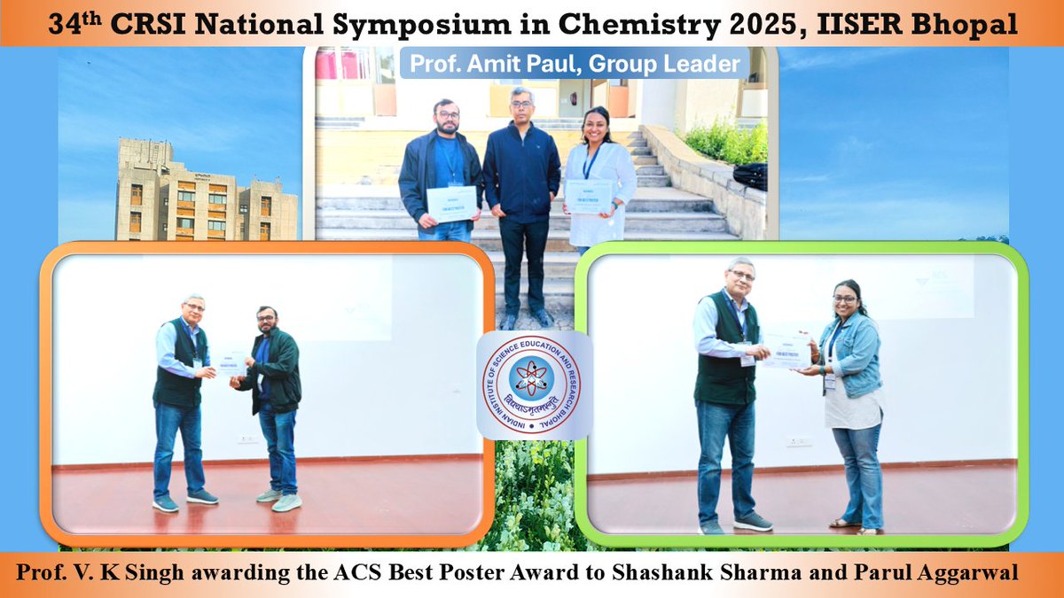 Amit Paul Research Lab (@grp_apaul) on Twitter photo Congratulations to <a href="/Shashank120794/">Shashank Sharma</a> and <a href="/Parul_Aggarwal1/">Parul Aggarwal</a> for receiving the ACS Best Poster Award at the 34th CRSI-National Symposium in Chemistry, held at <a href="/iiserbhopal/">IISER Bhopal</a>. We look forward to witnessing their continued success.✨✨ <a href="/chm_iiserb/">Dept of Chemistry, IISER Bhopal</a> <a href="/amitpaul_iiserb/">Amit Paul, PhD</a> Congratulations to <a href="/Shashank120794/">Shashank Sharma</a> and <a href="/Parul_Aggarwal1/">Parul Aggarwal</a> for receiving the ACS Best Poster Award at the 34th CRSI-National Symposium in Chemistry, held at <a href="/iiserbhopal/">IISER Bhopal</a>. We look forward to witnessing their continued success.✨✨ <a href="/chm_iiserb/">Dept of Chemistry, IISER Bhopal</a> <a href="/amitpaul_iiserb/">Amit Paul, PhD</a>