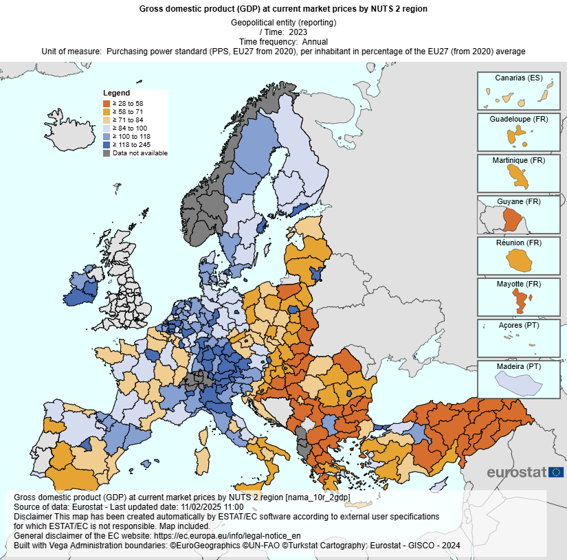 Něco málo pozitivního z evropského srovnání: Praha – 4. nejbohatší region v rámci EU. Alespoň z pohledu HDP na obyvatele v roce 2023. Ve srovnání s Berlínem o 57 % vyšší HDP v eurech. Před Prahou pouze 2x Irsko a jedno Lucembursko. Zdroj: Eurostat.