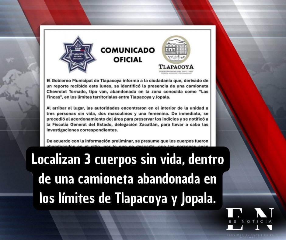 Conecta_Informa's tweet photo. #EsNoticia| Localizan 3 cuerpos sin vida en los límites de #Tlapacoya y #Jopala
👉🏻 https://t.co/Fyu2JuLDXI https://t.co/sxtjCrE4rd
