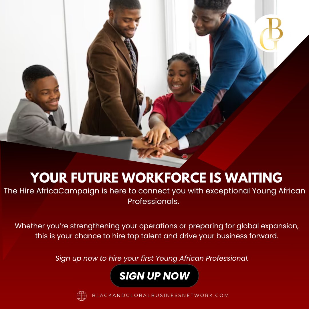 blackandglobal1's tweet photo. Your future workforce is here. The Hire African Campaign connects you with exceptional Young African Professionals ready to bring innovation, talent, and fresh ideas to your business. 

#HireAfrica #ApprenticeshipAdvantage #BlackBusinessLeadership https://t.co/i7p9G1sLDa