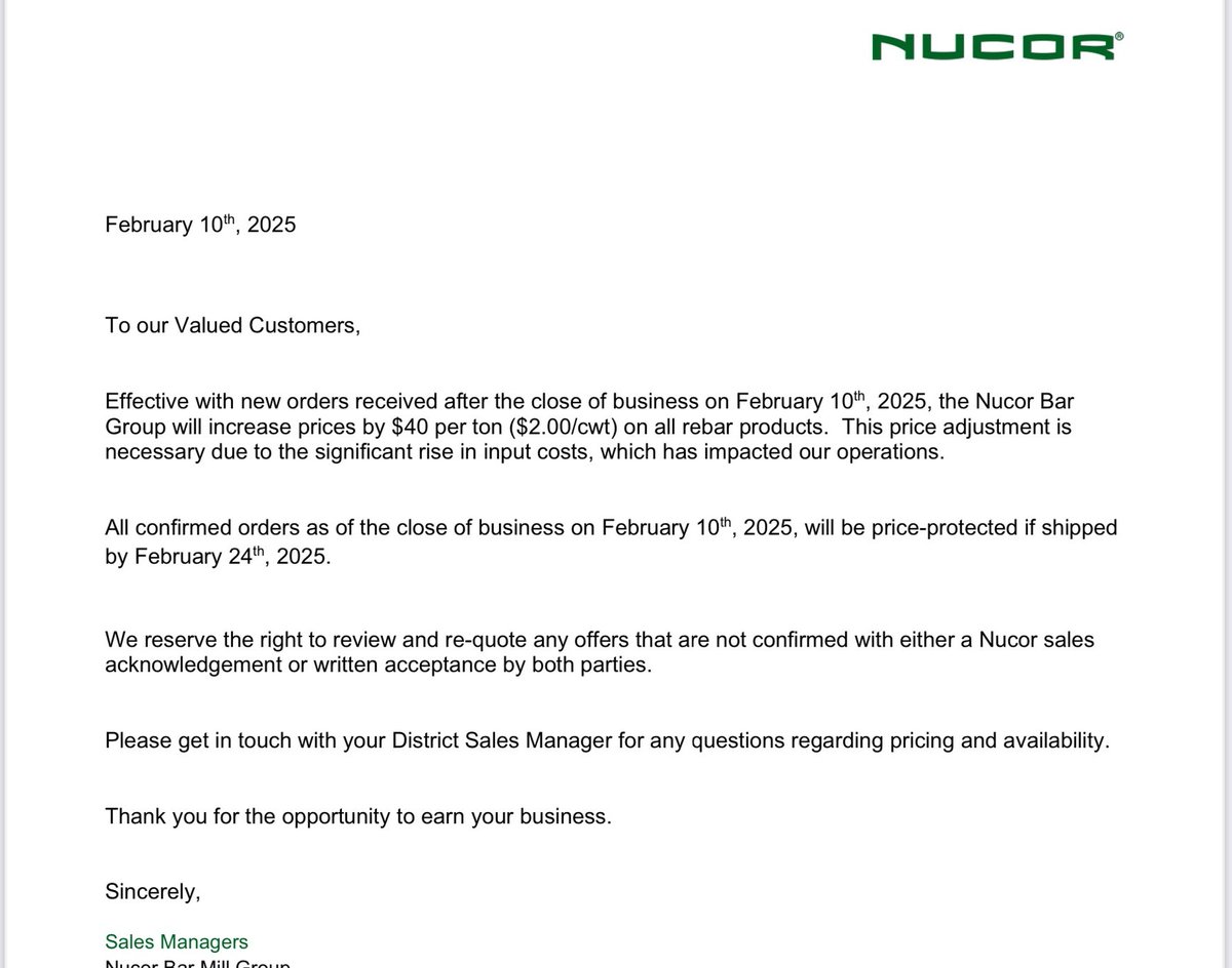 The same day Trump announces new steel tariffs, US steelmaking giant Nucor informs its US customers of price hikes. Here, it's for rebar - a core input for US construction. 

A reminder that real-world tariff costs arrive quickly, and you can't escape them by buying American.