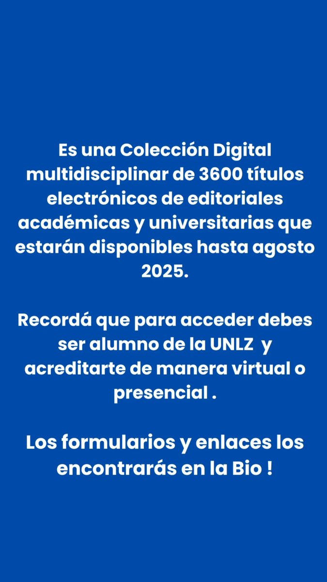 La Colección Interuniversitaria Digital otorgada por el CIN ofrece 3600 títulos electrónicos que estarán disponibles hasta agosto de 2025. 
Recordá que para acceder a la plataforma debes ser alumno de la UNLZ y acreditarte de manera presencial o virtual.